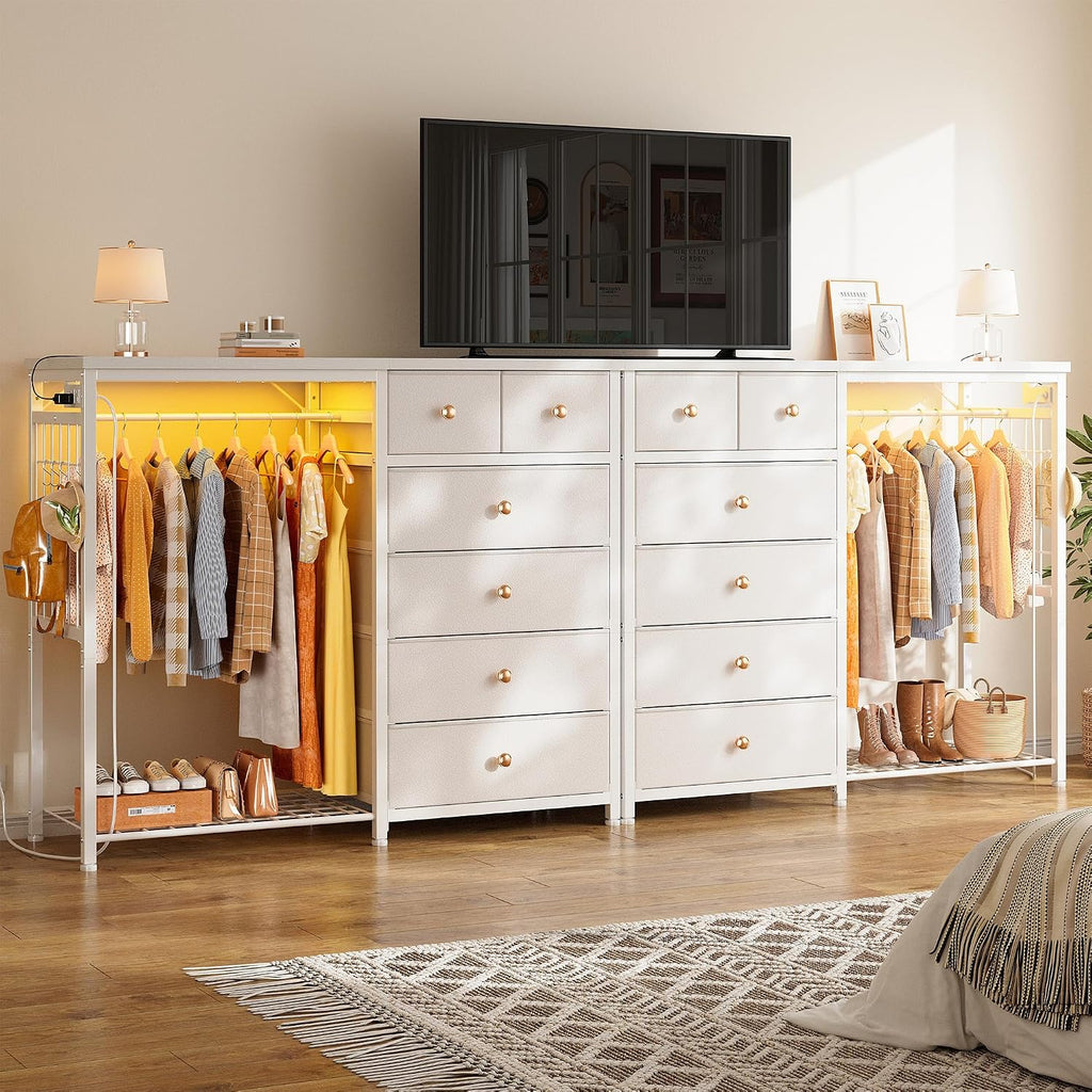 EnHomee 49.2' W Dresser with Hanging Rack & 6 Fabric Drawers for Bedroom, Featuring LED Lights and Charging Station, White Fabric Dressers & Chest of Drawers with Grid Panel & 4 Hooks, Wooden Top