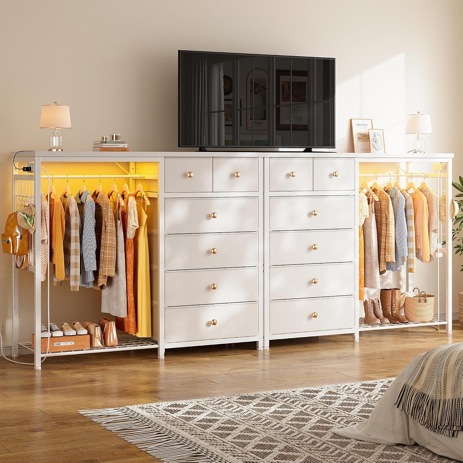 EnHomee 49.2' W Dresser with Hanging Rack & 6 Fabric Drawers for Bedroom, Featuring LED Lights and Charging Station, White Fabric Dressers & Chest of Drawers with Grid Panel & 4 Hooks, Wooden Top