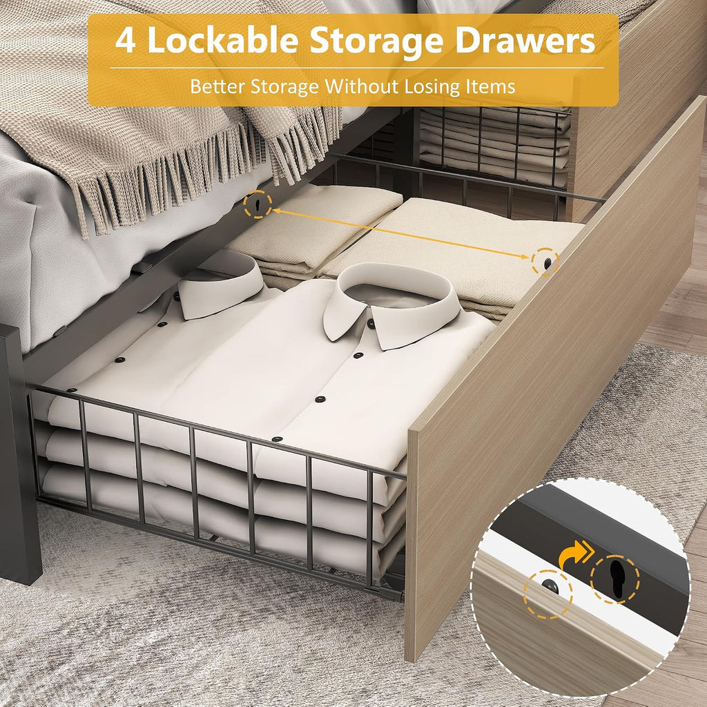 Lifezone Queen Bed Frame with 2-Tier Storage Headboard, Metal Platform Bed Frame with 4 Storage Drawers, Built in Charging Station & LED, Noise-Free/Metal Support/No Box Spring Needed, Beige