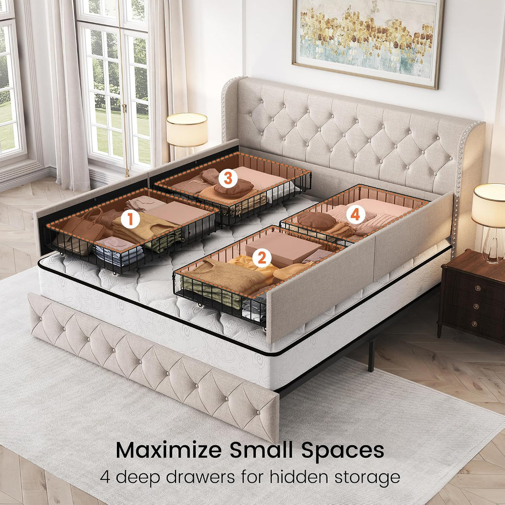 LARMACE King Size Bed Frame with 4 Storage Drawers and 47.2' Tall Tufted Headboard Linen Upholstered Platform Bed Frame Wingback Beds with Wooden Slats Support, Easy Assembly, Beige