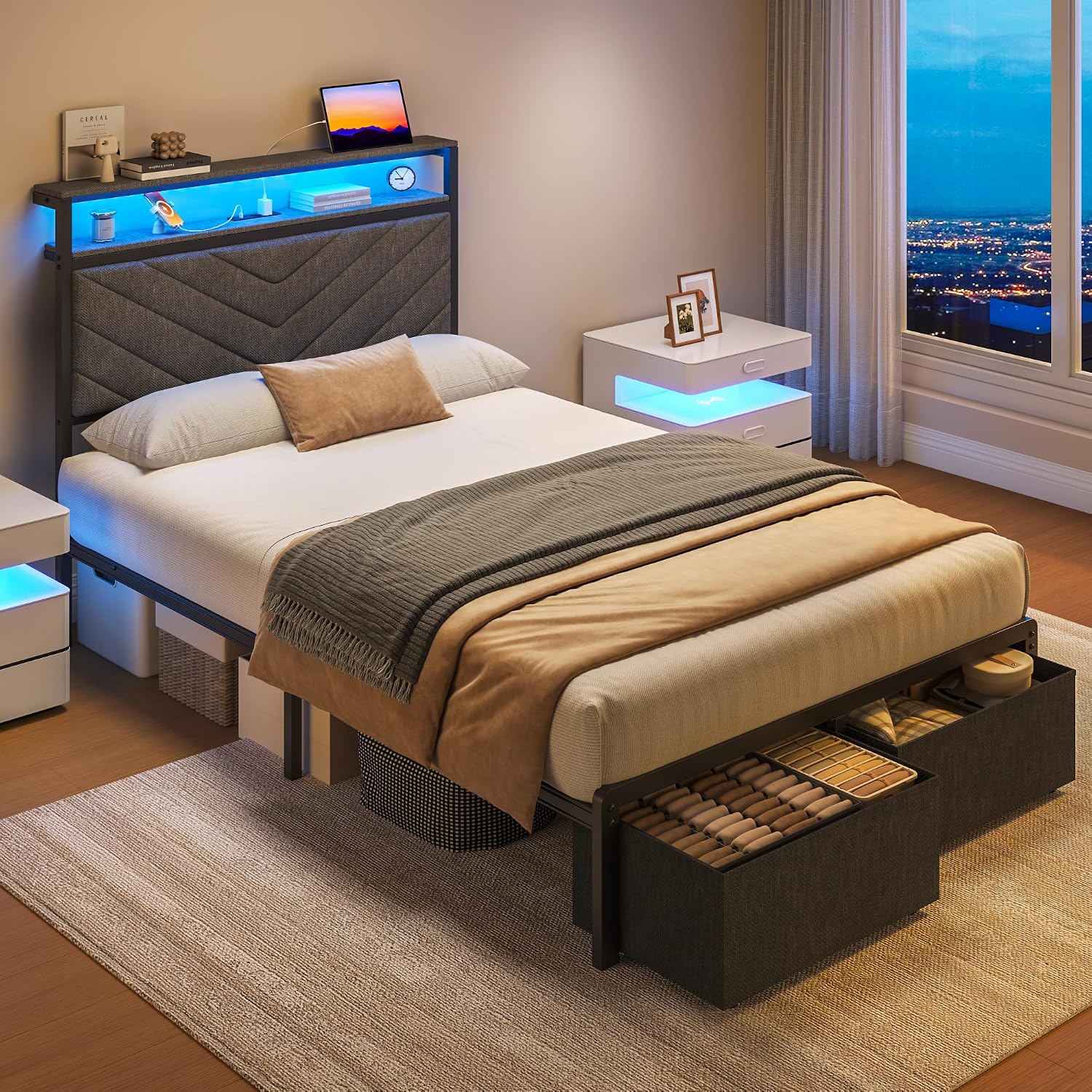 Fluest Twin Bed Frame with Storage Drawers, Upholstered Headboard with Charging Station, LED Lights, Fabric Drawers with Wheels, Under Bed Storage, No Box Spring Needed, Easy Assembly, Grey