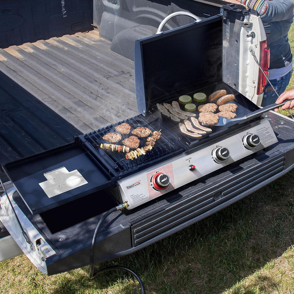 3-Burner Portable Propane Gas Griddle with Side Burner, 3-in-1 Grill and Griddle Combo with Lid, Outdoor Cooking, 29,000 BTU, Silver, PD1305H-SC