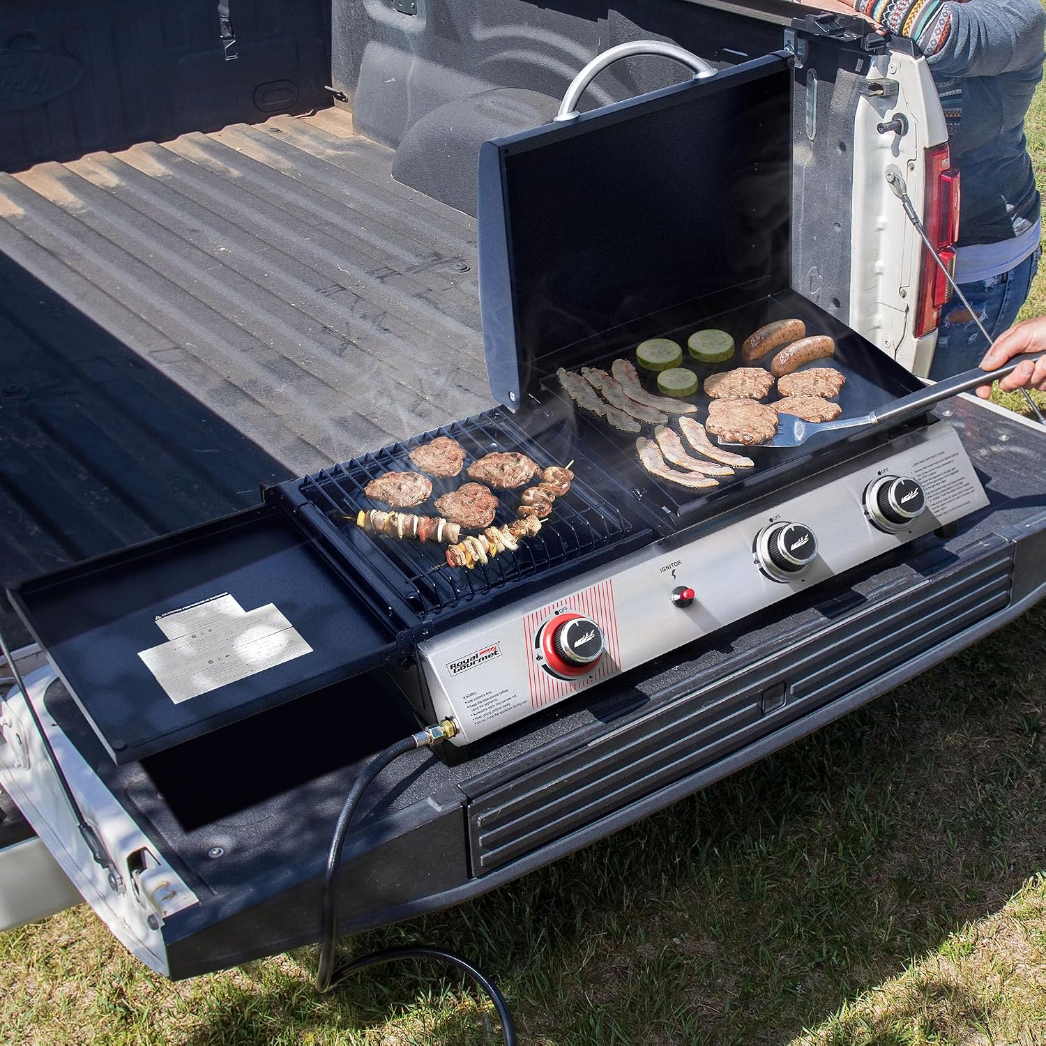 3-Burner Portable Propane Gas Griddle with Side Burner, 3-in-1 Grill and Griddle Combo with Lid, Outdoor Cooking, 29,000 BTU, Silver, PD1305H-SC