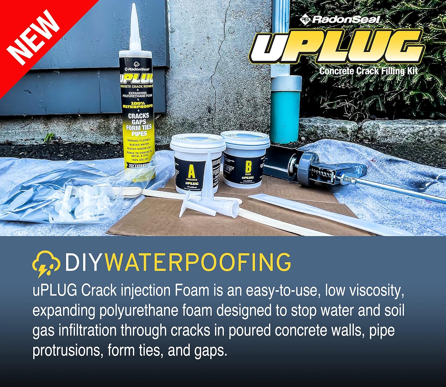 uPlug Foundation Crack Repair Kit (10 ft) – Polyurethane Injection Foam for Leaking Basement Wall Cracks – Easy DIY, Expands to Seal Water Leaks