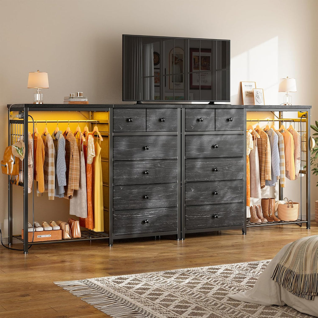 EnHomee 49.2' W Dresser for Bedroom with Hanging Rack 6 Drawers Dresser with LED Lights & Charging Station, Fabric Dressers & Chest of Drawers with 4 Hooks, Wooden Top, Grid Panel, Black