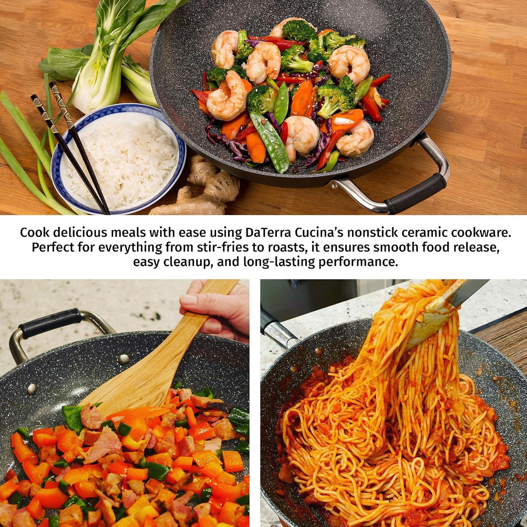 DaTerra Cucina - 13' Nonstick Ceramic Wok with Lid - Made in Italy - High Heat Resistant Nonstick Cookware - Oven & Induction Safe, PTFE, Cadmium, Lead & PFOA free - Volcanic Black Speckled