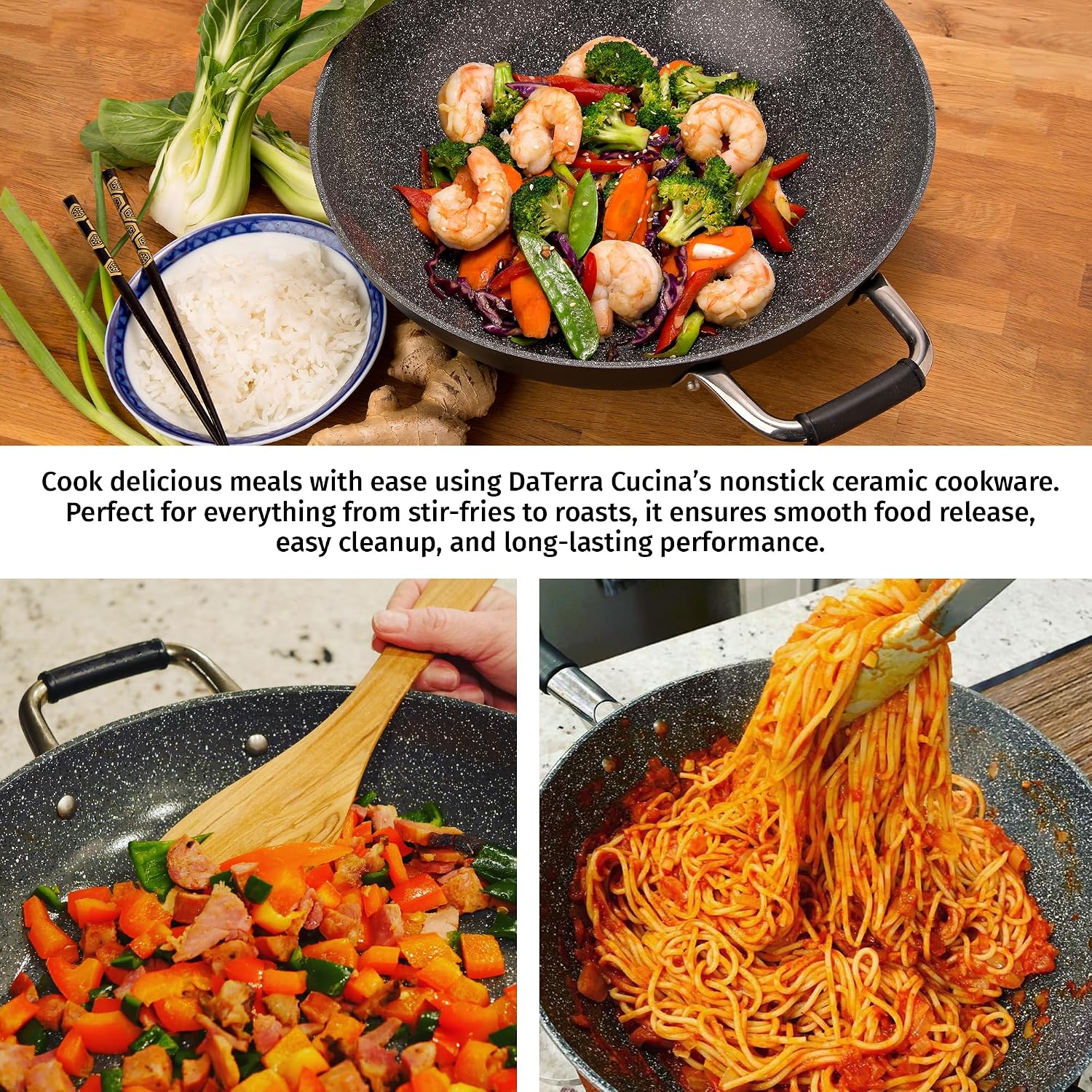 DaTerra Cucina - 13' Nonstick Ceramic Wok with Lid - Made in Italy - High Heat Resistant Nonstick Cookware - Oven & Induction Safe, PTFE, Cadmium, Lead & PFOA free - Volcanic Black Speckled