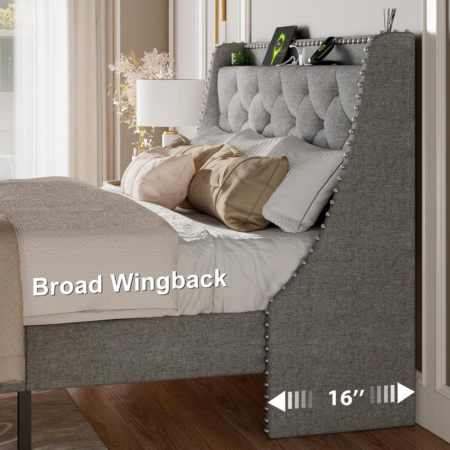 Feonase Queen Bed Frame with Luxury Wingback Upholstered Button Tufted Storage Headboard, Queen Platform Bed with Charging Station, Sturdy Wooden Slats Support, Noise-Free, Easy Assembly, Light Gray