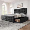 IDEALHOUSE King Size Bed Frame with 4 Storage Drawers and Headboard, Faux Leather Upholstered Platform Bed Frame with Wooden Slats Support, Button Tufted Design, No Box Spring Needed, Black