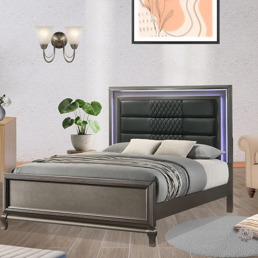 Kings Brand Furniture Tyler 6-Piece Queen Size Bedroom Set - Bed with LED Headboard, Dresser, Mirror, Chest and 2 Nightstands, Metallic Gray