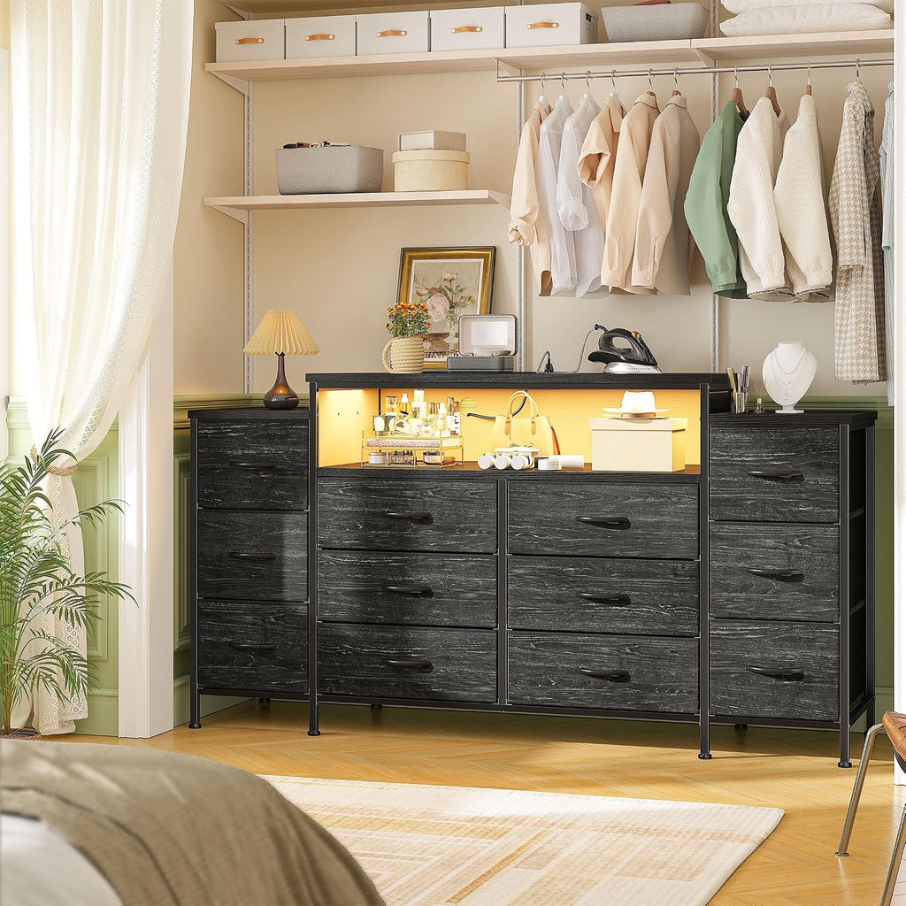 EnHomee 55' W Dresser for Bedroom with LED Lights & Charging Station 12 Drawer Dressers & Chests of Drawers Dresser TV Stand for Bedroom for Hanging 65' TV, Metal Frame & Fabric Drawers, Black