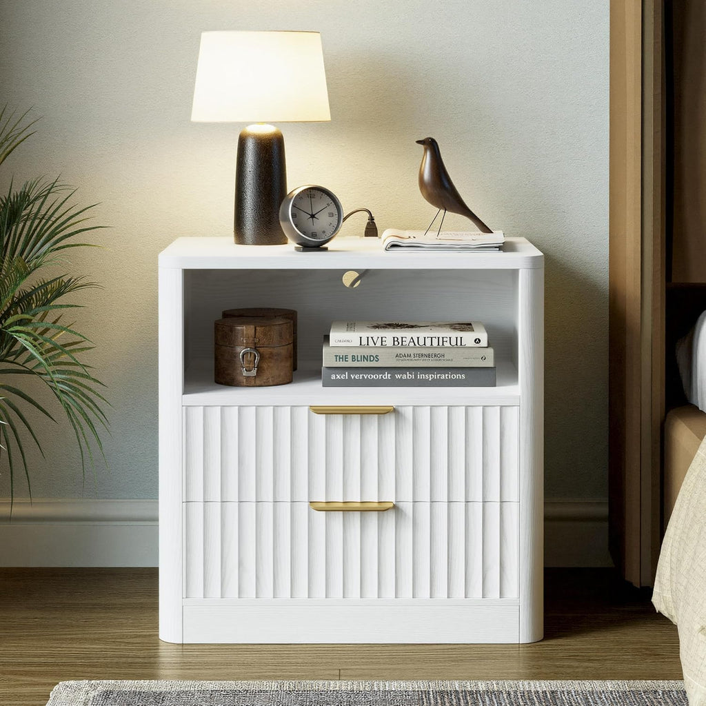 IRONCK Fluted Night Stand Set of 2, Modern Nightstand with Charging Station, Drawers and Open Shelves - Bedside Table Wood Side Table Set for Bedroom, White