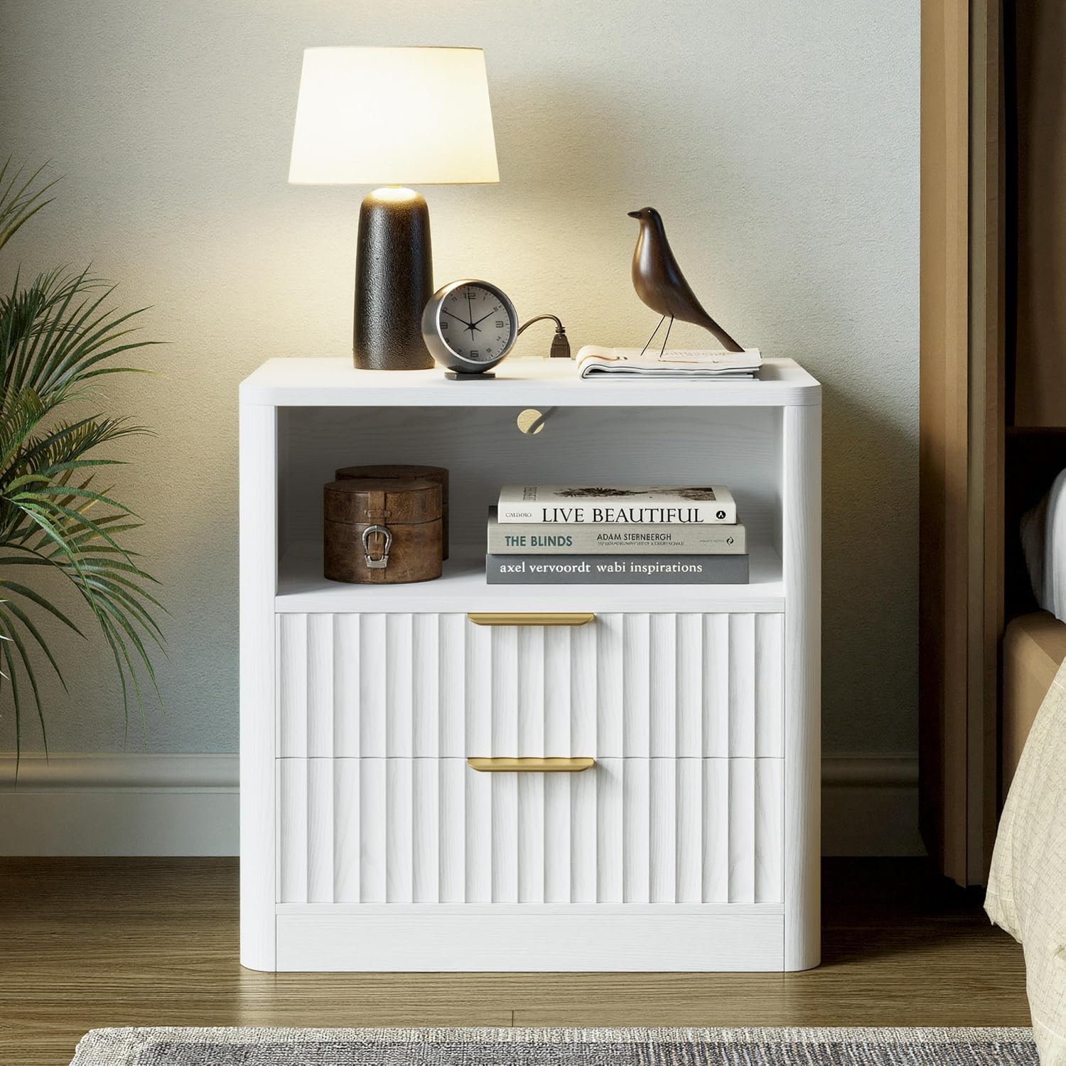 IRONCK Fluted Night Stand Set of 2, Modern Nightstand with Charging Station, Drawers and Open Shelves - Bedside Table Wood Side Table Set for Bedroom, White