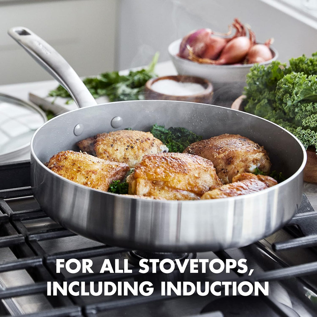 GreenPan Chatham Tri-Ply Stainless Steel 12 Piece Cookware Set, PFAS-Free Pots and Pans, Multiclad, Induction Ready, Fry Saute Sauce Pans, Stockpot, Dishwasher Safe, Oven & Broiler Safe, Silver