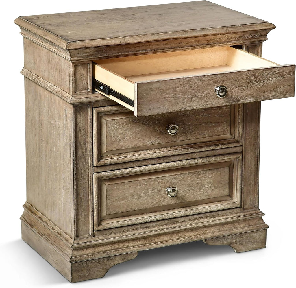 Steve Silver Furniture Highland Park Nightstand, Driftwood Finish, Nickle Hardware, 2 USB Charging Ports, 2 Full Size Drawers & 1 Half Size Drawer, Bedroom, 28' L x 17' D x 29.5' H, Brown
