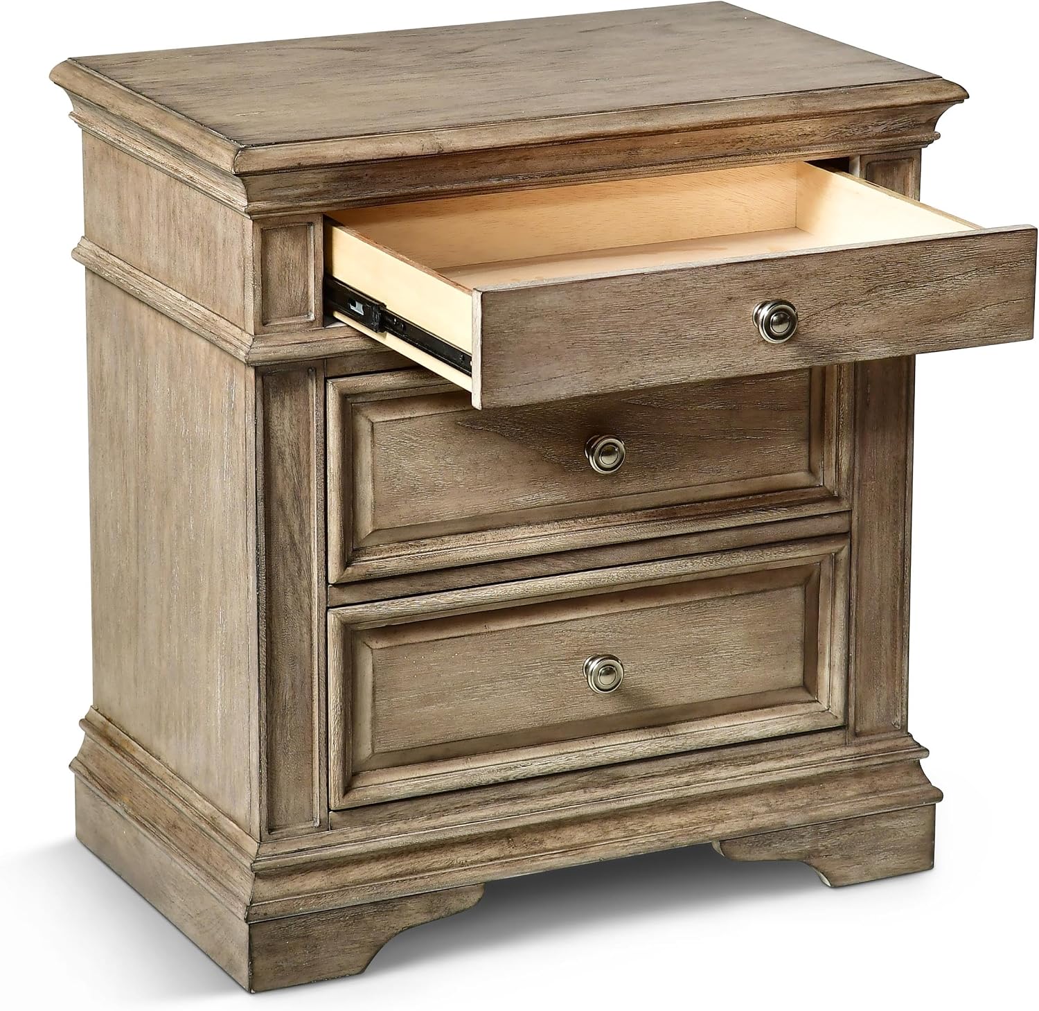 Steve Silver Furniture Highland Park Nightstand, Driftwood Finish, Nickle Hardware, 2 USB Charging Ports, 2 Full Size Drawers & 1 Half Size Drawer, Bedroom, 28' L x 17' D x 29.5' H, Brown