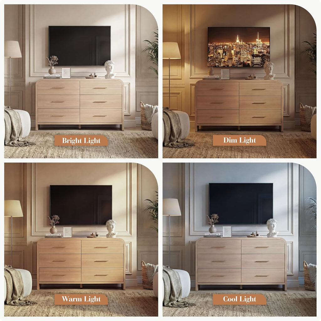 Curved 6-Drawer Dresser for Bedroom, 54' Wide Modern Chest of Drawers, Vanity Desk TV Stand for Living Room, Closet Storage Drawers Organizer Furniture, Nursery, Hallway, Oak