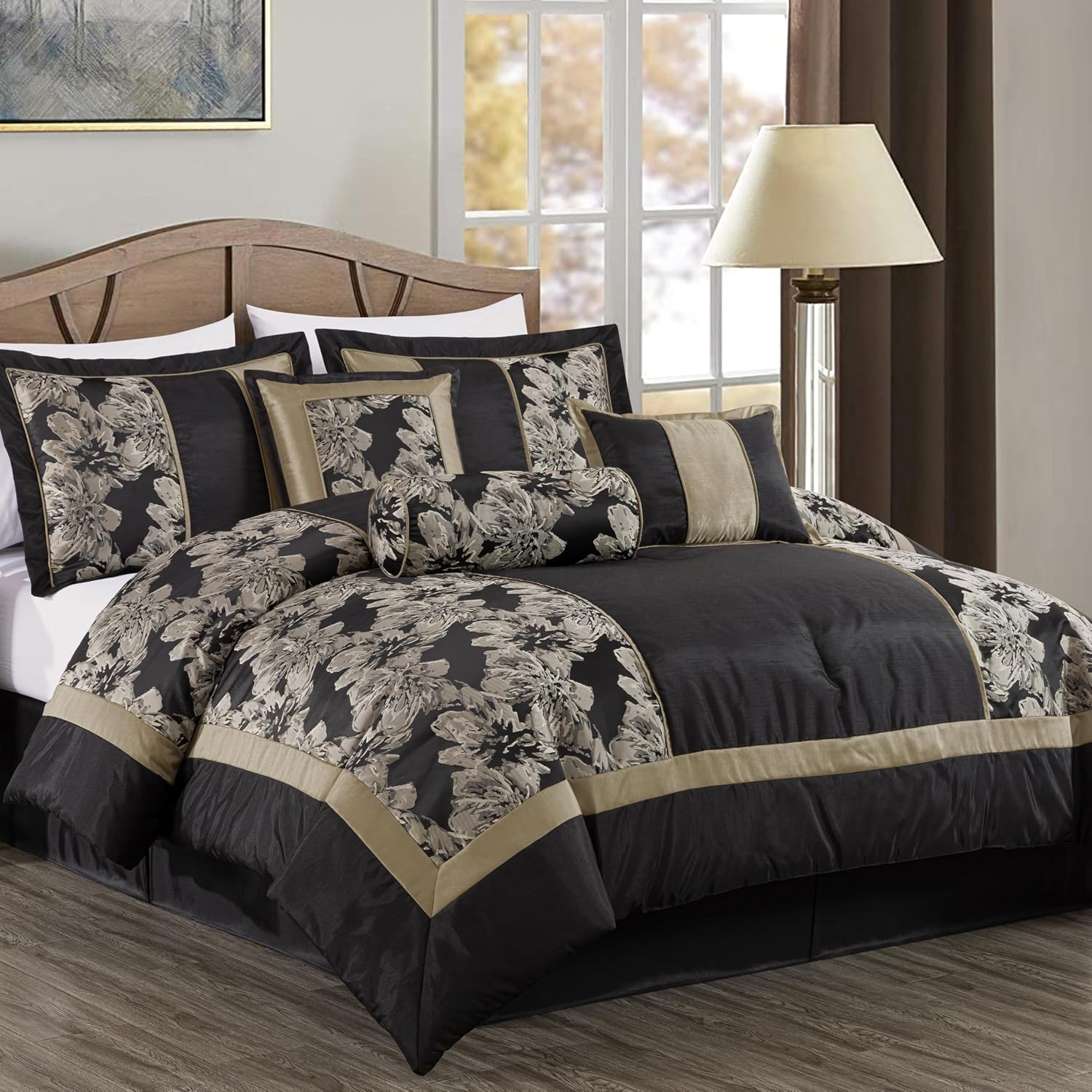 Chezmoi Collection Cameron Comforter Set King Size, 7-Piece Black Gold Hibiscus Floral Jacquard Bedding Set