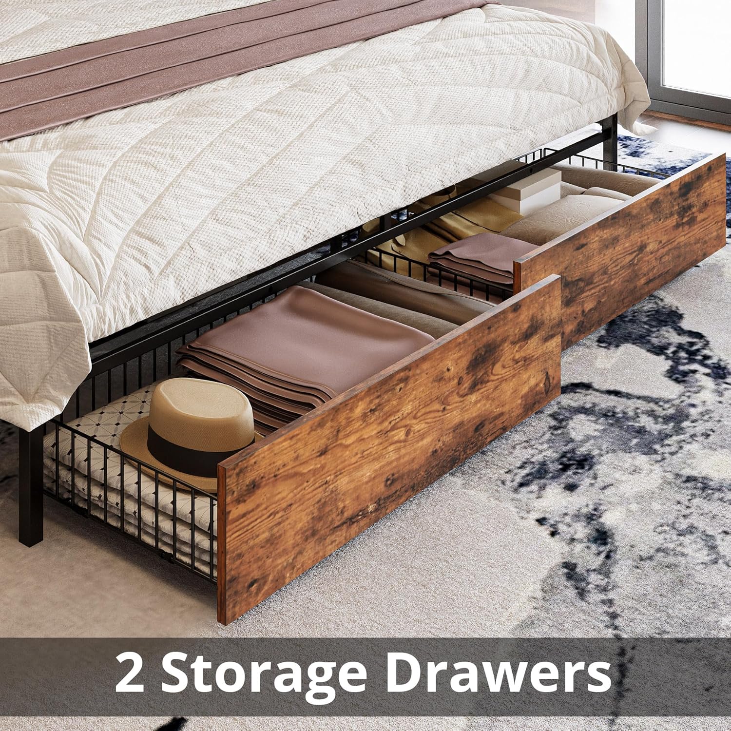LIKIMIO King Size Bed Frame, Storage Headboard with Charging Station, Platform Bed with Drawers, No Box Spring Needed, Easy Assembly, Vintage Brown and Black