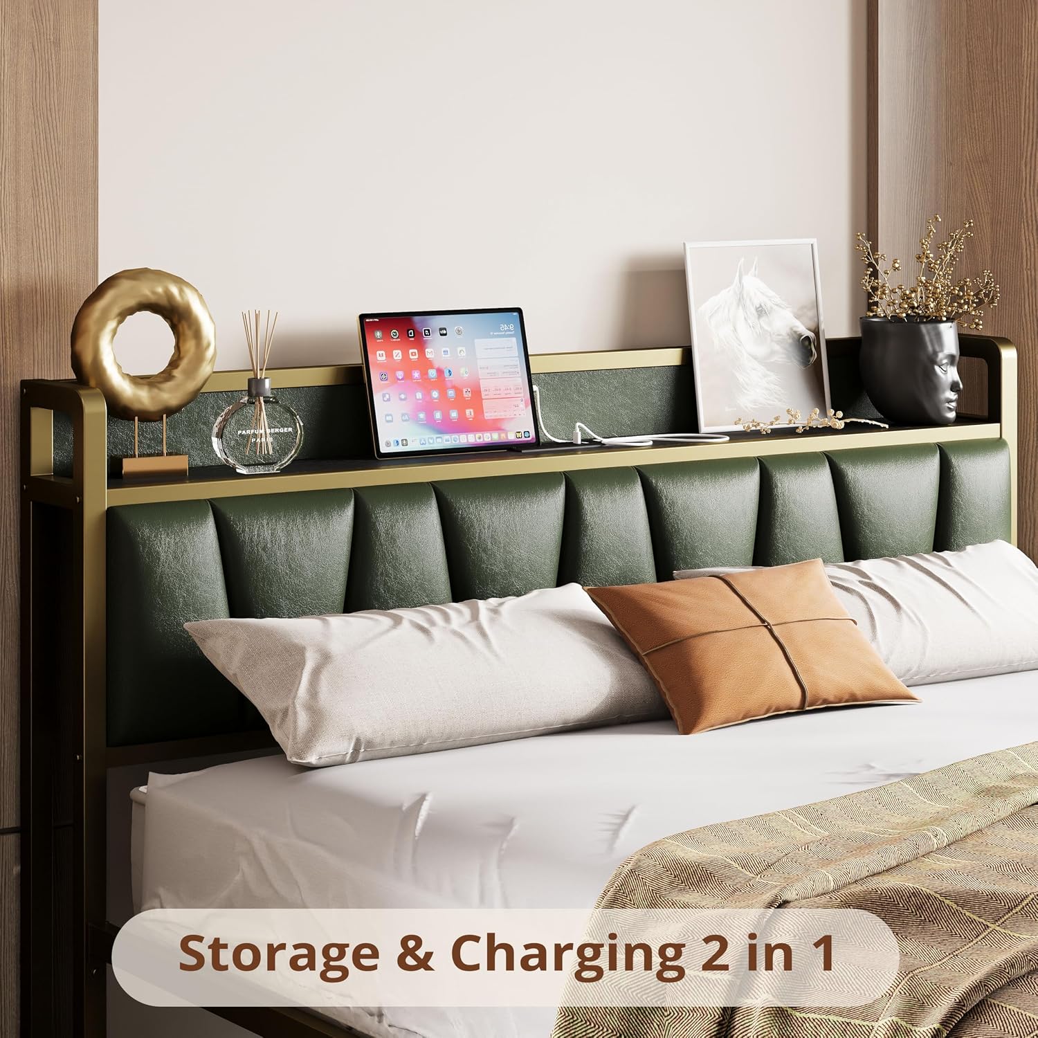 LIKIMIO Queen Bed Frame, Storage Headboard with Charging Station, Platform Bed with Drawers, No Box Spring Needed, Easy Assembly, Dark Green