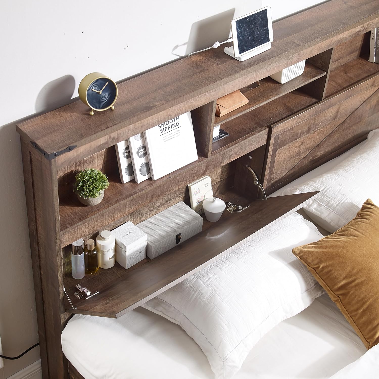 ACCOHOHO Farmhouse King Size Bed Frame with 52' High Storage Bookcase Headboard and 4 Drawers,Wooden Bed Frame with LED Light and Charging Station,Light Brown