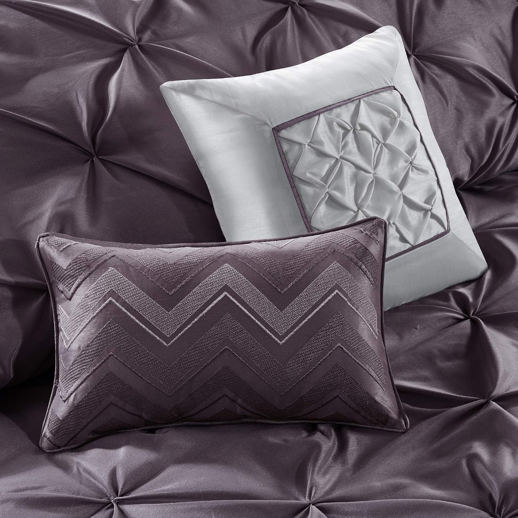 Madison Park Essentials Queen Comforter Set, 24 Piece Bedding With Matching Curtains, Decorative Pillows, Luxe Diamond Tufting , Room in a Bag Joella Collection, Plum Queen