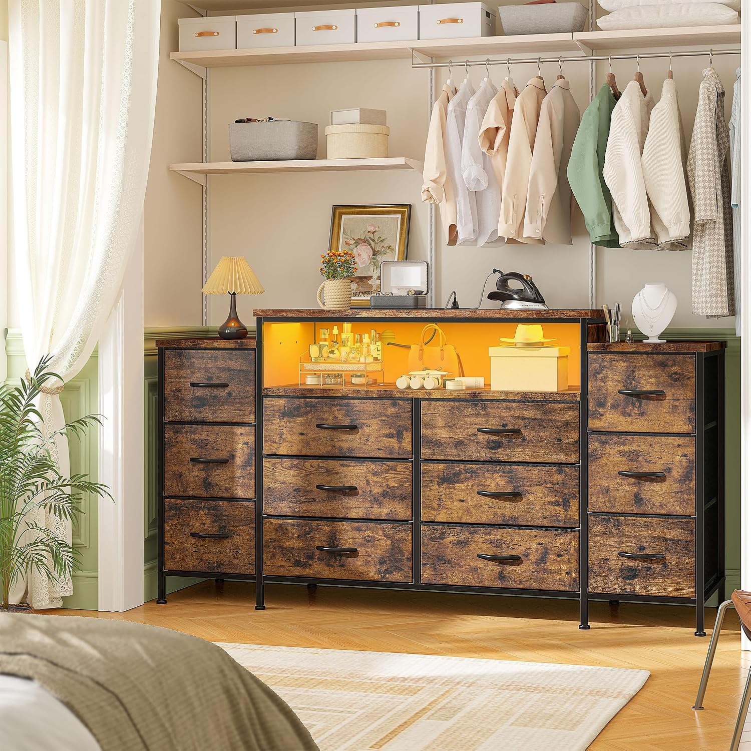 EnHomee 55' W Dresser for Bedroom with LED Lights & Charging Station 12 Drawer Dressers & Chests of Drawers Dresser TV Stand for Bedroom for Hanging 65' TV, Metal Frame & Fabric Drawers, Rustic Brown
