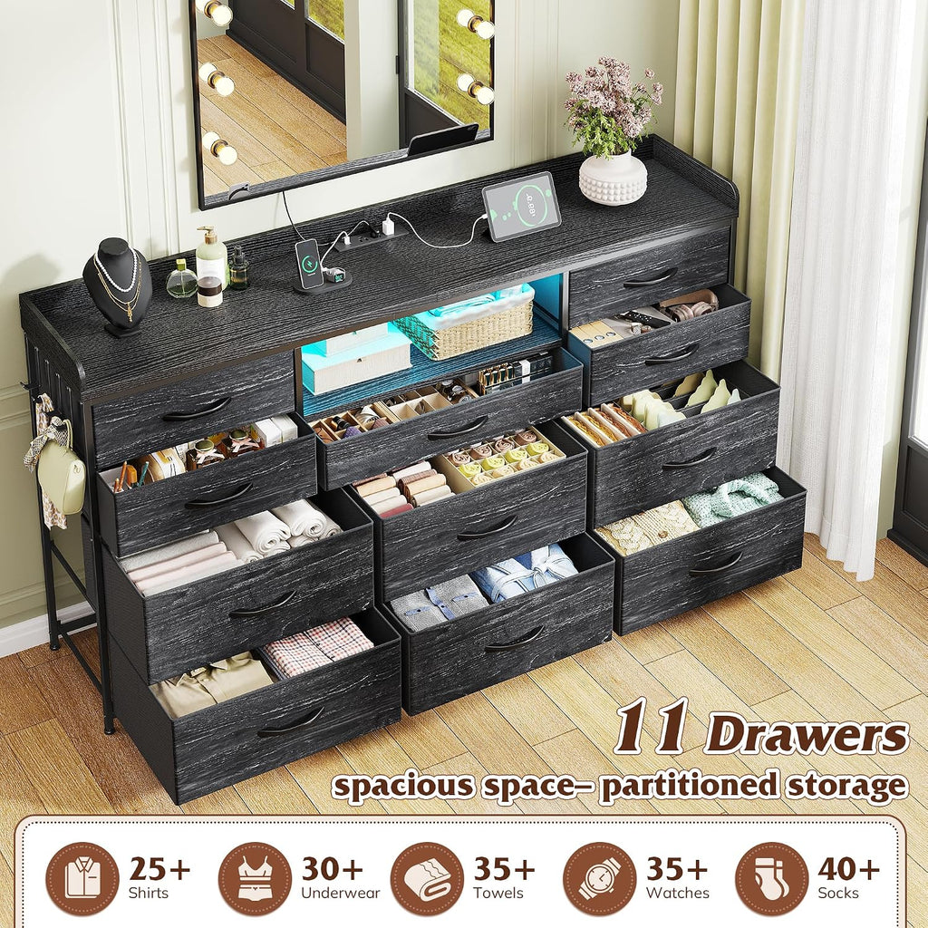EnHomee Dresser TV Stand with 11 Drawers, 60' TV Stand with LED Lights & Power Outlets, Long Dresser for Bedroom with Shelves & 4 Hooks for Dorm, Hallway, Charcoal Black