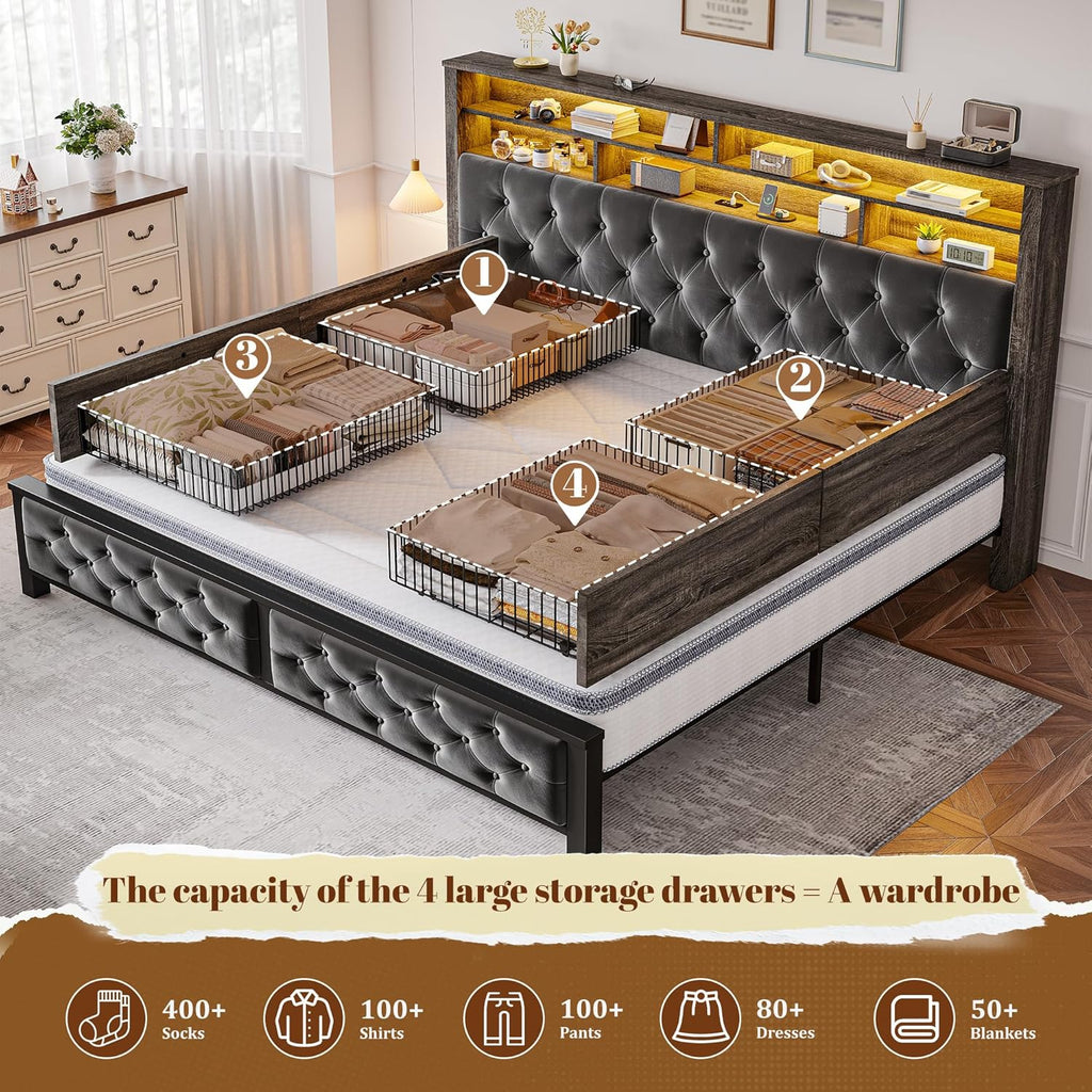 EnHomee King Size Bed Frame with 4 Drawers and Upholstered Storage Headboard,Wooden King Bed Frame with Charging Station and LED Lights,NO Noise,No Box Spring Needed,Gray