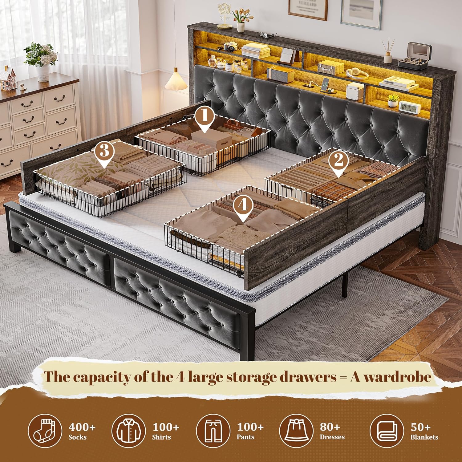 EnHomee King Size Bed Frame with 4 Drawers and Upholstered Storage Headboard,Wooden King Bed Frame with Charging Station and LED Lights,NO Noise,No Box Spring Needed,Gray
