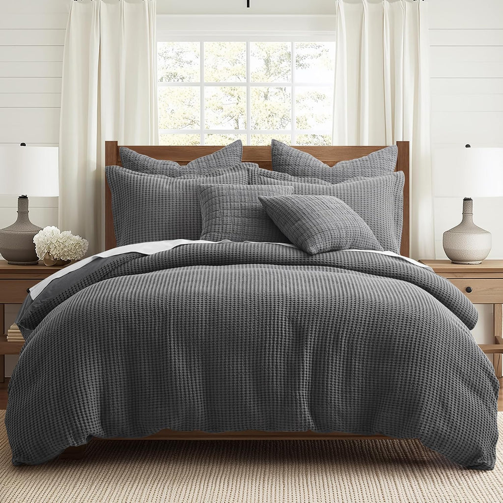 Levtex Home Mills Waffle Queen Duvet Cover Set (90x94in) with 2 Pillow Shams (26x20in) - Charcoal - 100% Cotton Queen Size Duvet Cover Set - Soft, Pre-Washed