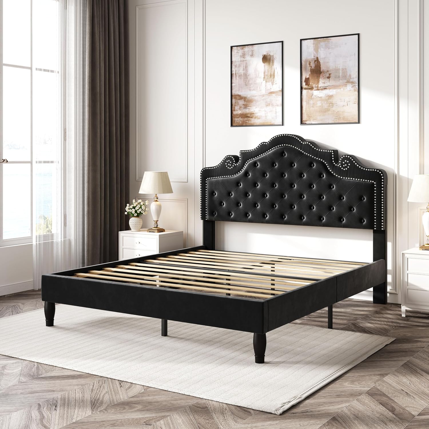 SHA CERLIN Full Size Bed Frame with Adjustable Headboard/Velvet Upholstered/Diamond Button Tufted and Metal Studs/No Box Spring Needed/Wood Slat Support/Easy Assembly/Black