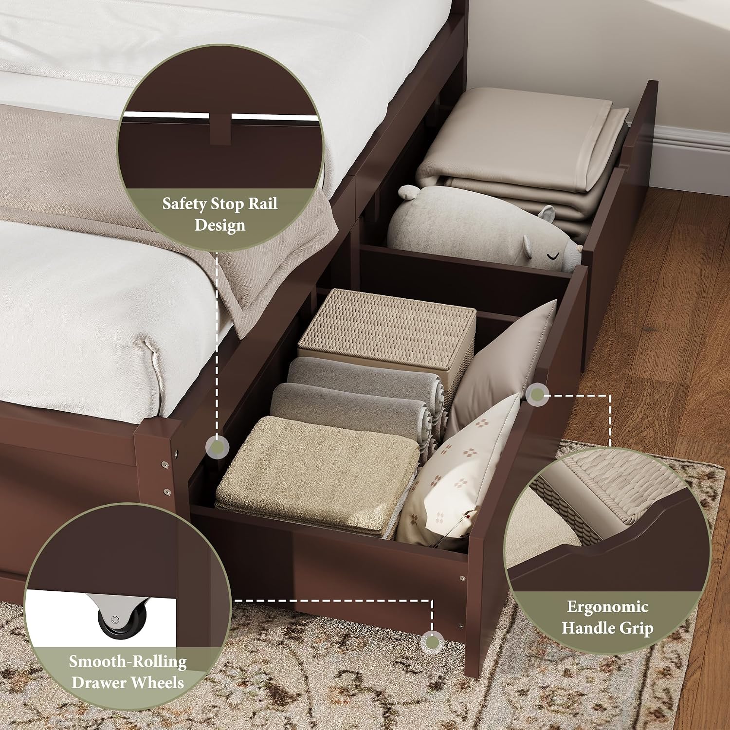 AMERLIFE Solid Wood Full Size Storage Bed Frame with Headboard, Platform Bedframe with 2 Storage Drawers, Beadboard Design & Wooden Slats/No Box Spring Needed/Noise-Free, Espresso Brown Finish