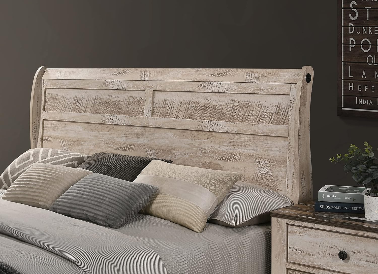 Roundhill Furniture Imerland Contemporary White-wash Finished 5-Piece Sleigh Headboard Bedroom Set, King