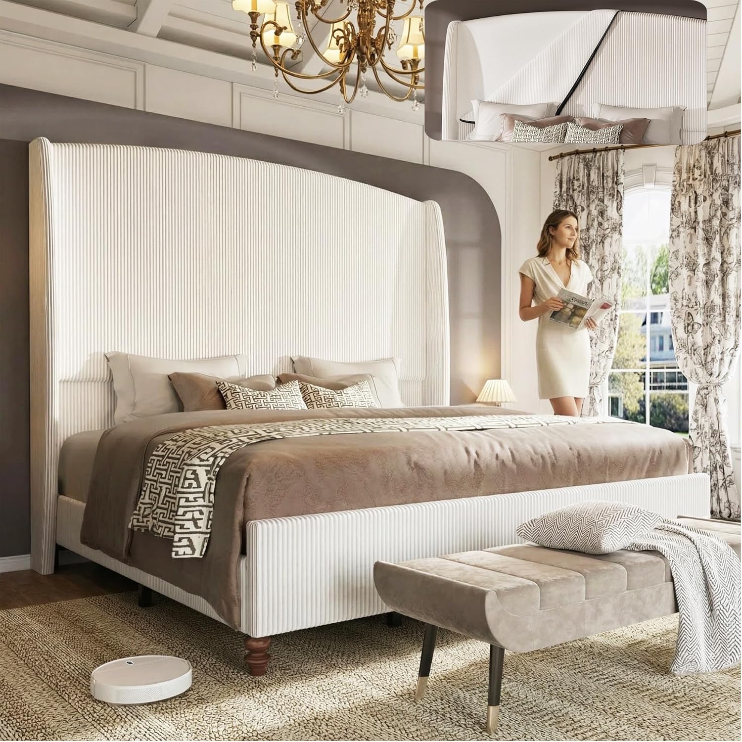 65.7' Tall Headboard Queen Size Upholstered Bed Frame with Wingback, Soft Washable Corduroy Beds Cover, Solid Wood Legs, Noise-Free, No Box Spring Needed, Cream