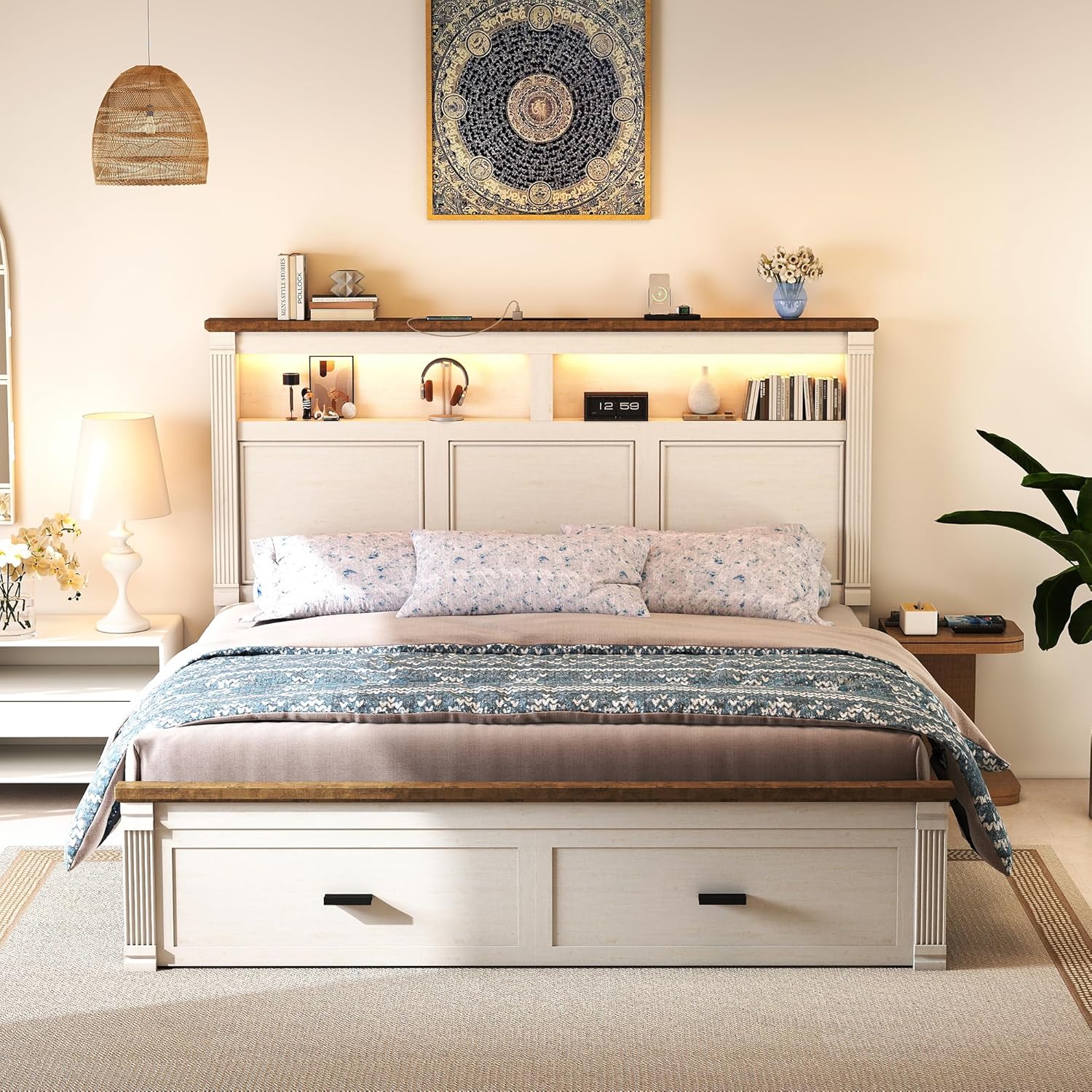 Queen Size Bed Frame with 2 Storage Drawers, 53' Tall Headboard Farmhouse Platform Bed Frame with Roman Column Decoration Footboard, LED Built in Charging Station, No Box Spring Needed（Rust White)