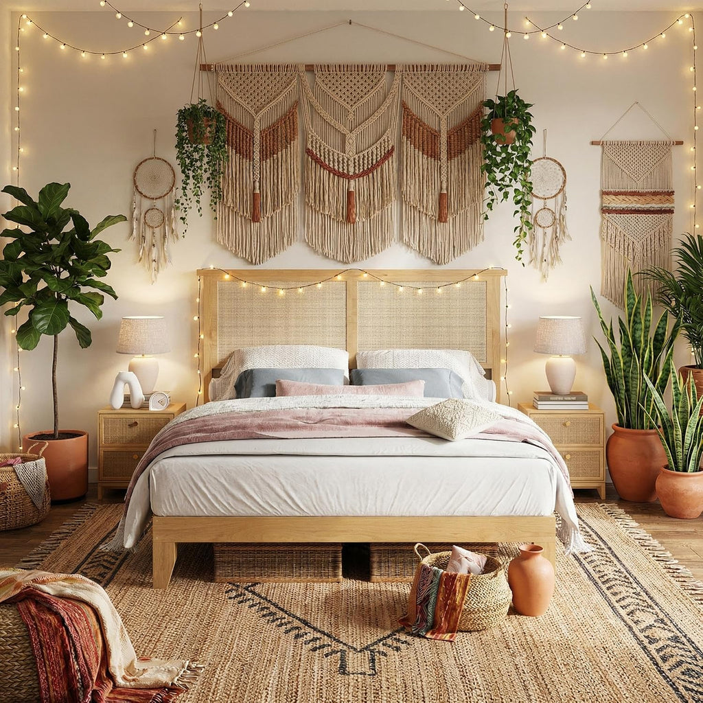 IDEALHOUSE Rattan Bed Frame Full Size with Natural Rattan Headboard & LED Lights, Wood Full Bed Frame with Solid Wood Foundation, No Box Spring Needed, Natural