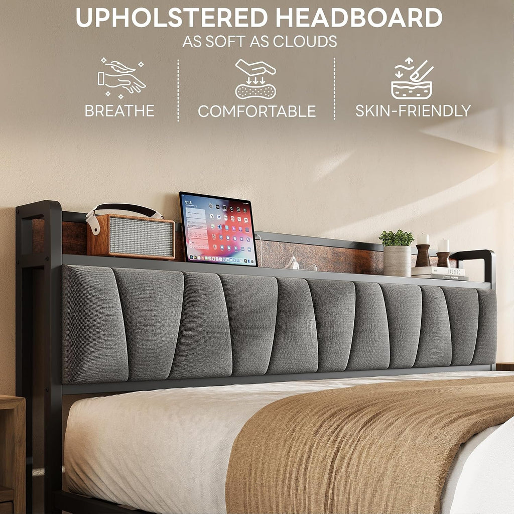 LIKIMIO King Size Bed Frame, Storage Headboard with Charging Station, Solid and Stable, Noise Free, No Box Spring Needed, Easy Assembly