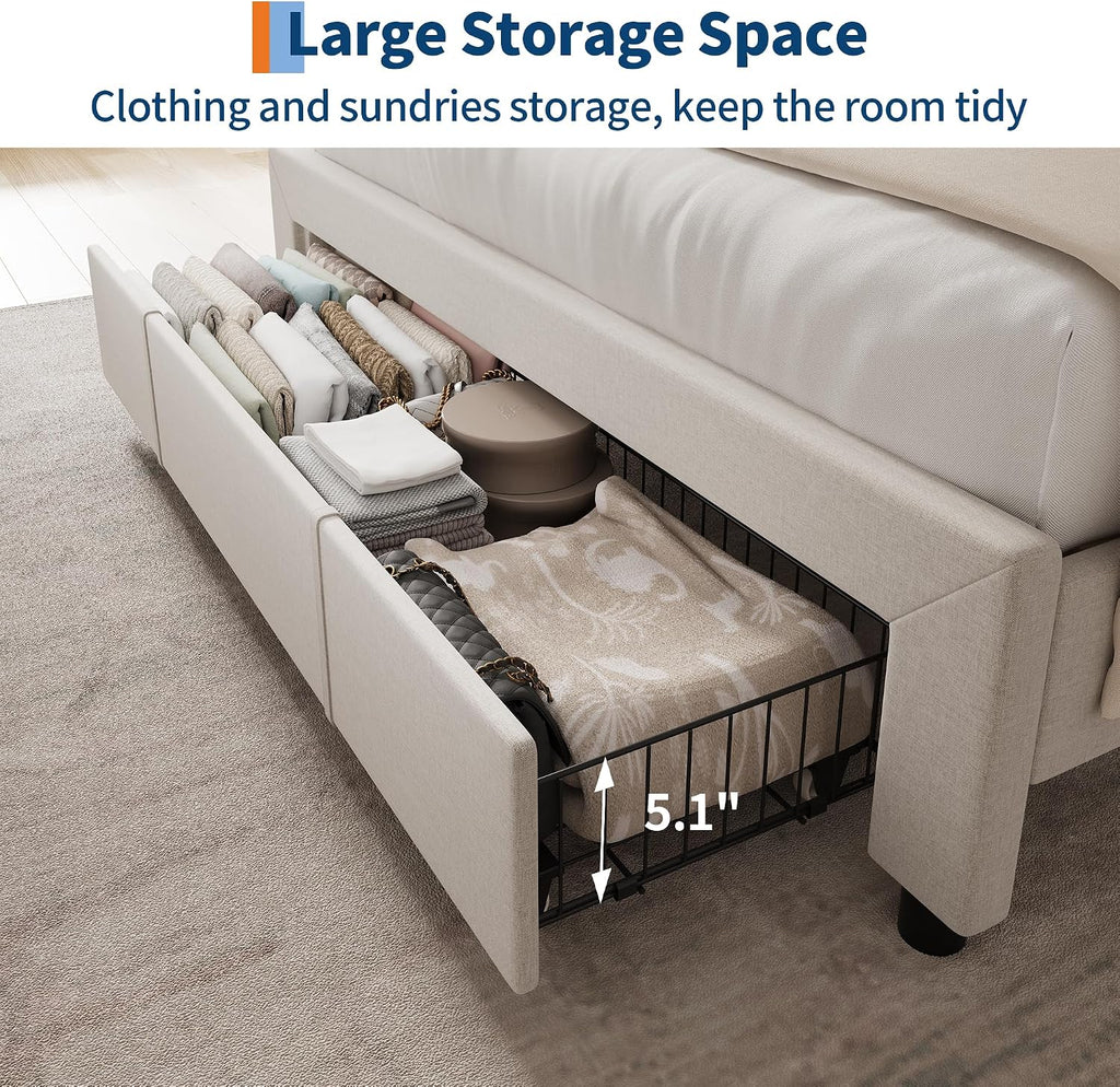 GarveeHome Upholstered Bed Frame with Storage Headboard and Charging Station, Platform Bed Frame with Drawers, Heavy Duty, No Box Spring Needed, Easy Assembly, Beige, Queen Size