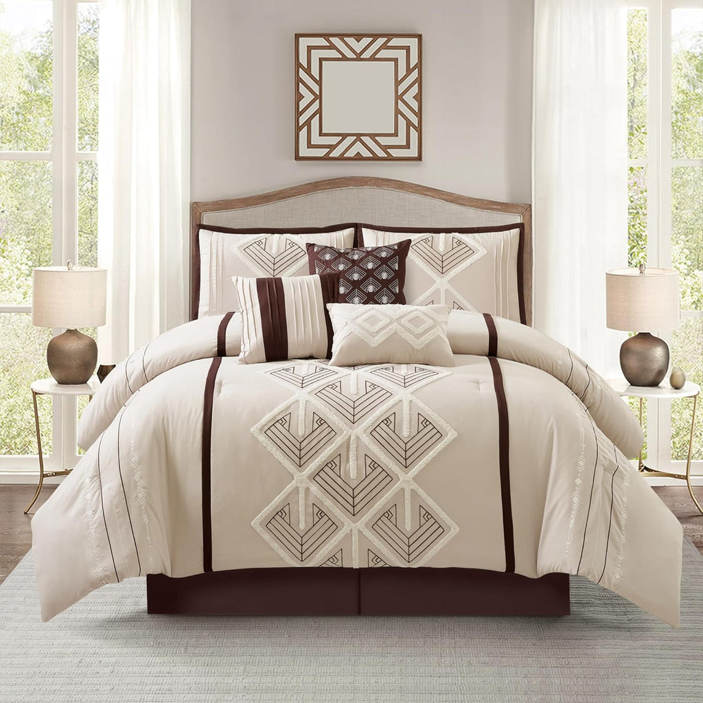 Stratford Park Brown Comforter Set King Size, 7 Piece, Terry Embroidery Geometric Home Decor, Matcking Bed Skirt, Pillows & Shams, All Season Bedding Set