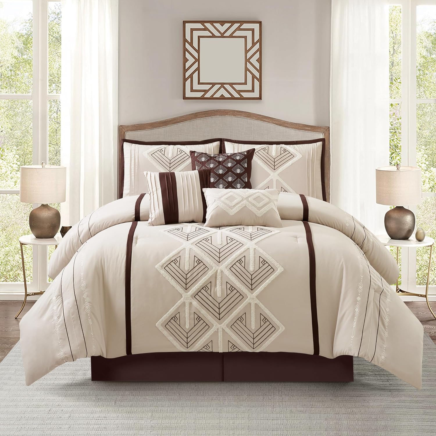 Stratford Park Brown Comforter Set King Size, 7 Piece, Terry Embroidery Geometric Home Decor, Matcking Bed Skirt, Pillows & Shams, All Season Bedding Set
