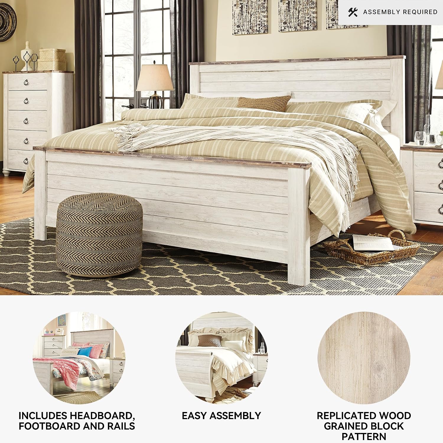 Signature Design by Ashley Willowton Shabby Chic Queen Panel Bed with Metal Slats, Foundation or Box Spring Needed, Whitewash