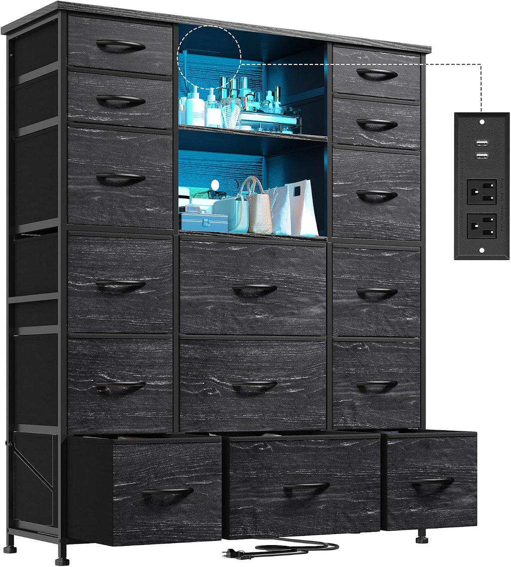 EnHomee 51' H Dresser with 15 Drawers Dresser for Bedroom with Charging Station & LED Lights & Hutch Sturdy Black Bedroom Dressers, Steel Frame, Wood Top, 51.2' H x 39.3' W x 11.8' D