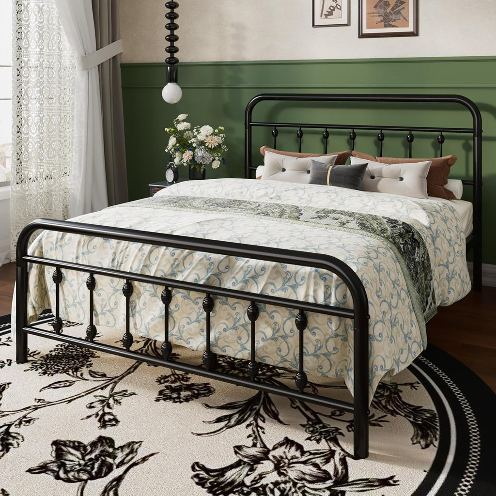 SHA CERLIN Full Size Metal Platform Bed Frame with Victorian Style Iron-Art Headboard and Footboard, Easy Assembly, Under Bed Storage, No Box Spring Required, Black