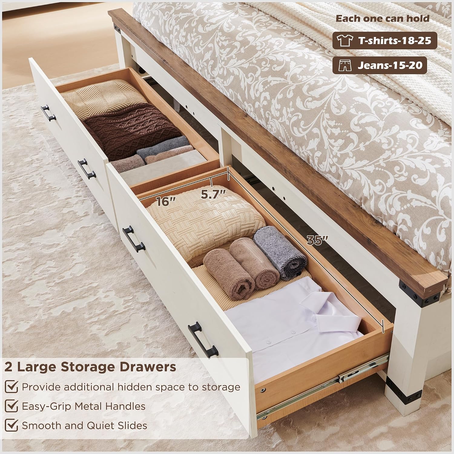 RedLemon Farmhouse King Size Bed Frame w/ 54' Tall Geometric Headboard, Rustic Wood Platform Bed w/ 2 Large Storage Drawers, Wood Slats Support, Noise Free, No Box Spring Needed, Antique White