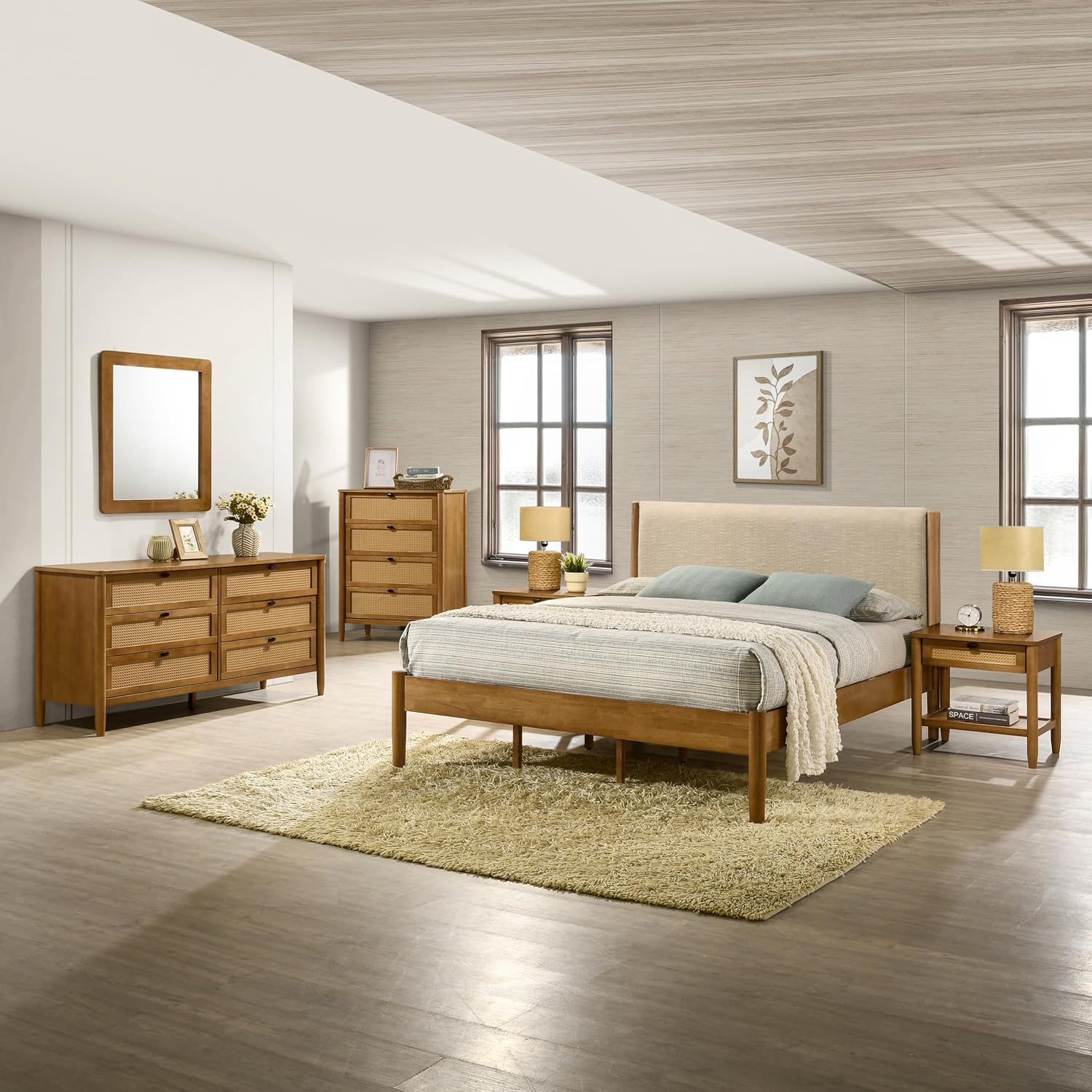 Roundhill Furniture Vichy 6-Piece Rubberwood Bedroom Set with Textured Polyester Upholstered King Bed, Dresser, Mirror, 2 Nightstands, and Chest