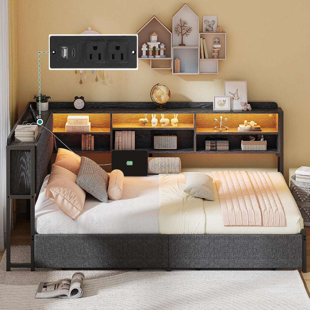 Full Corner Bed Frame with Storage Drawers and Bookcase & Flip-up Storage Headboard, Full Size Platform Corner Bed Frame with Charging Station and LED Lights, Full Daybed for Dorm or Guests, Grey