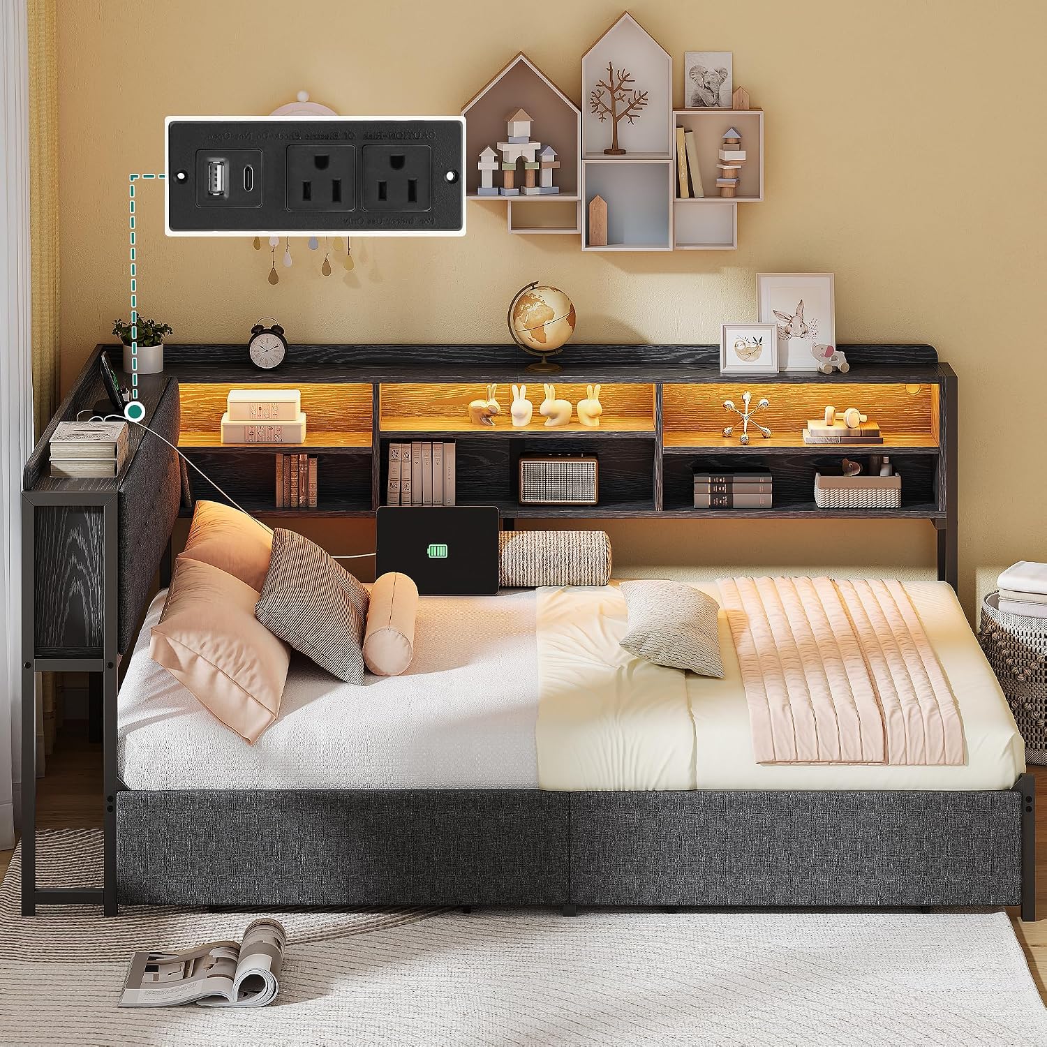 Full Corner Bed Frame with Storage Drawers and Bookcase & Flip-up Storage Headboard, Full Size Platform Corner Bed Frame with Charging Station and LED Lights, Full Daybed for Dorm or Guests, Grey
