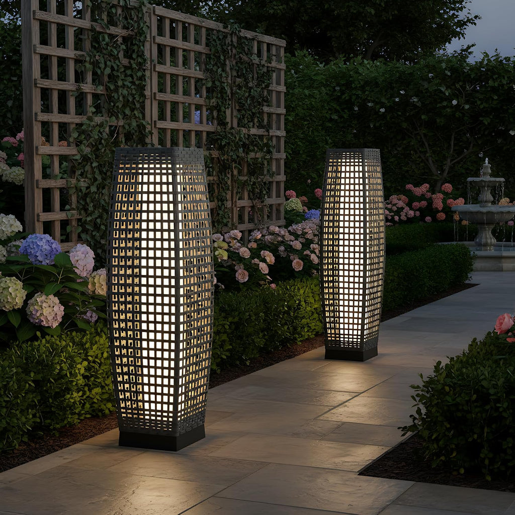 Grand Patio 2-Piece Outdoor Solar Floor Lamps, Wicker Lantern Lights, Water-Resistant Patio Lighting for Deck, Garden & Porch, Large Fuji, Silver Gray