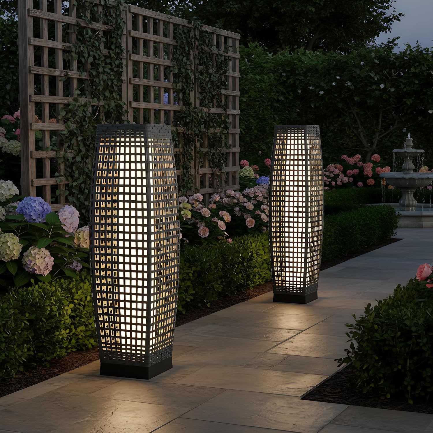 Grand Patio 2-Piece Outdoor Solar Floor Lamps, Wicker Lantern Lights, Water-Resistant Patio Lighting for Deck, Garden & Porch, Large Fuji, Silver Gray